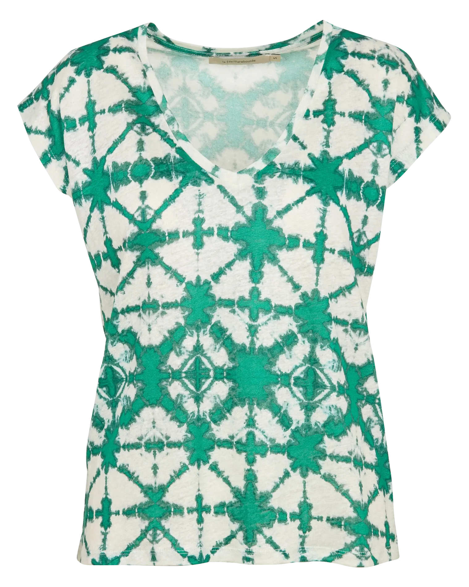 LA FEE MARABOUTEE Camiseta recta de lino estampada con cuello de pico en verde
