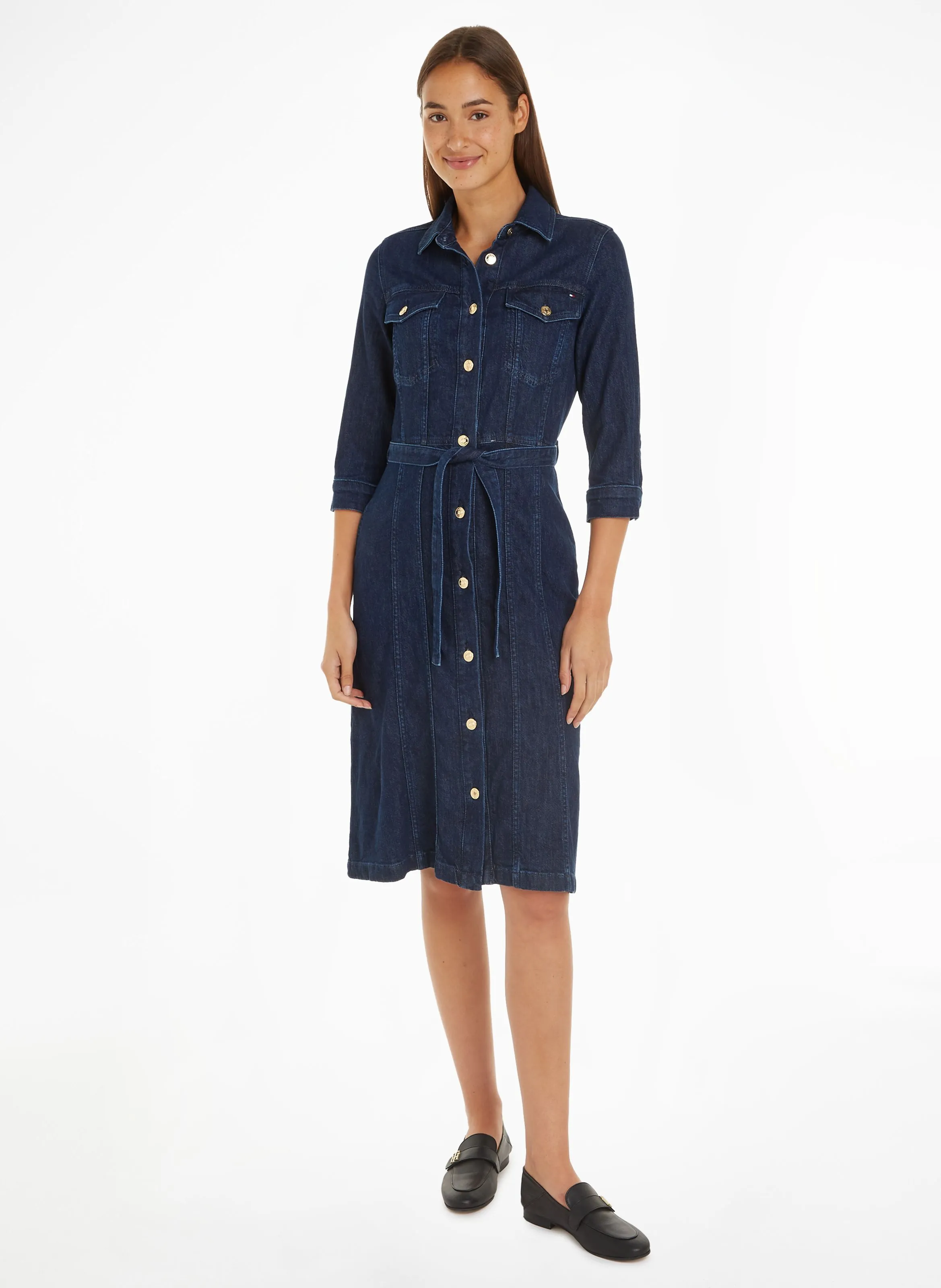 TOMMY HILFIGER Vestido midi de mezclilla de algodón en vaqueros brut