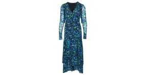 Vestido cruzado de malla con estampado floral en poliamida azul de Ganni 