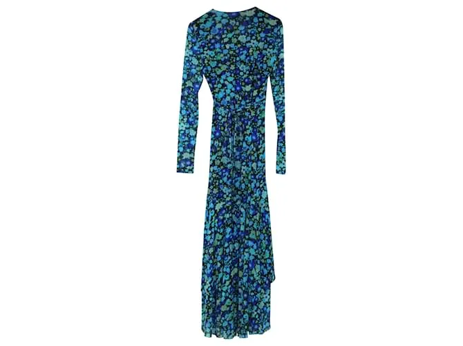 Vestido cruzado de malla con estampado floral en poliamida azul de Ganni 